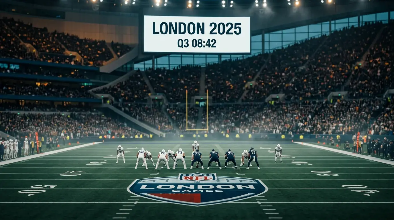 Stadium scoreboard view of an NFL game in London with UK sportsbook odds overlay