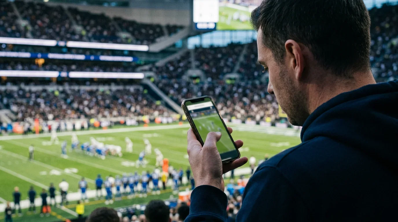 UK NFL fan watching a live match on a smartphone with the stadium pitch in the background
