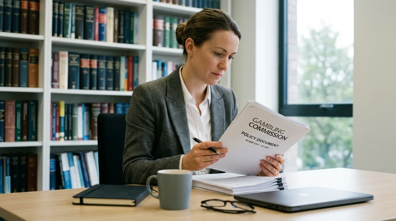 Editor reviewing a printed UK Gambling Commission policy document at a desk