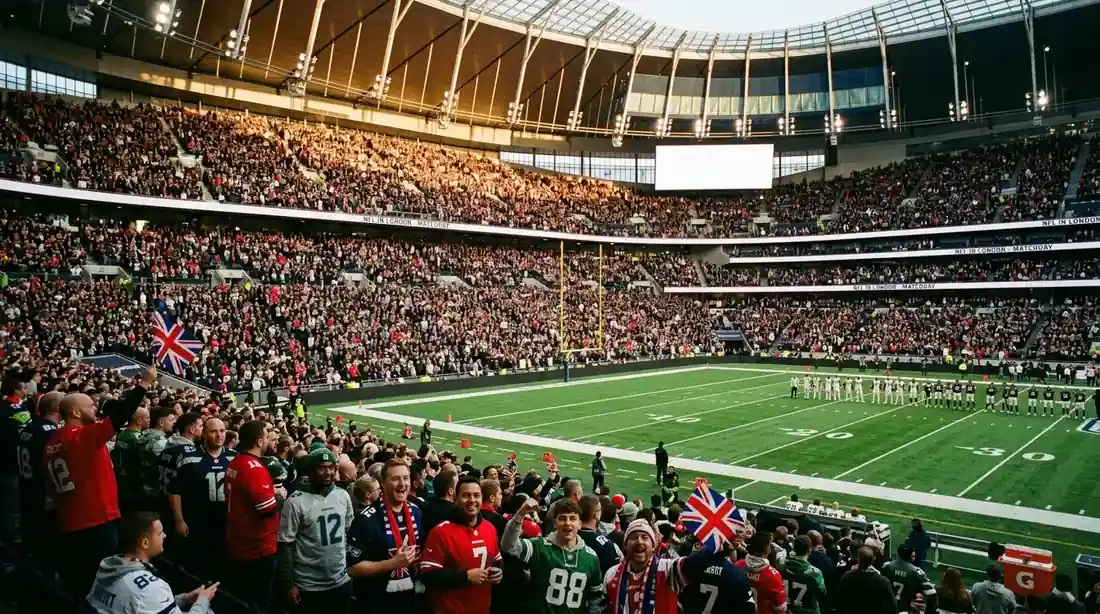 Sold-out crowd inside Tottenham Hotspur Stadium during a London NFL fixture